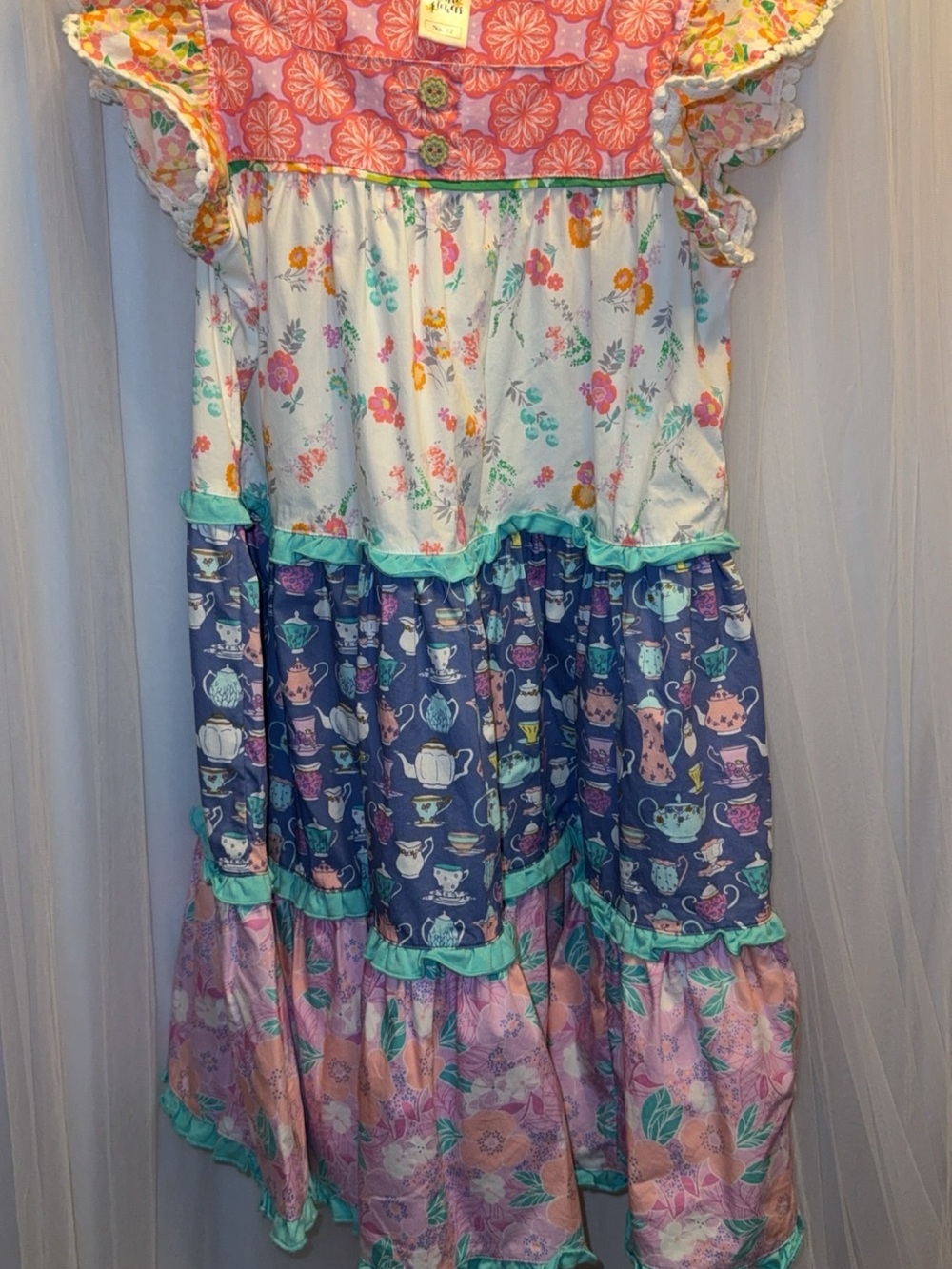 Wildflowers Girls Tiered Floral Patchwork Dress - Coral, Navy, Cream, Pink sz.12 - Picture 4 of 5